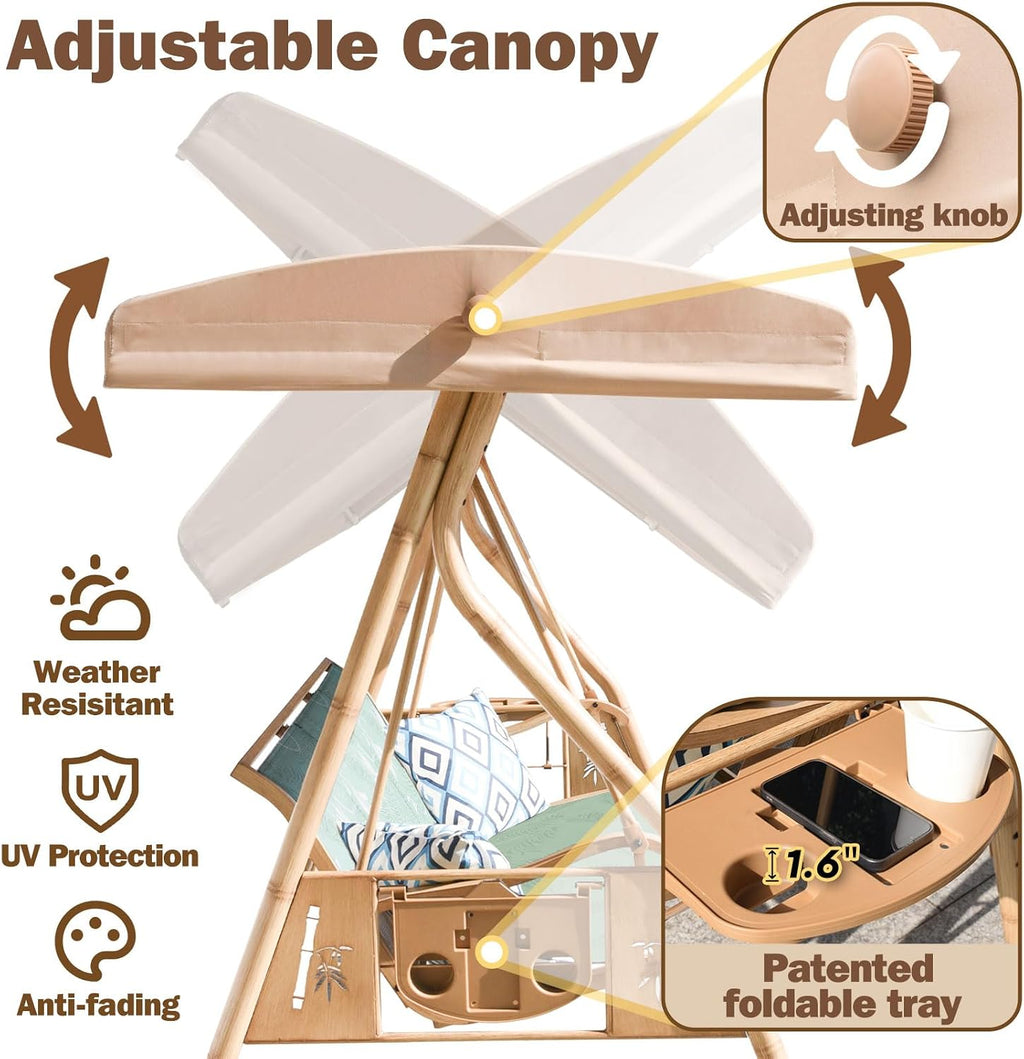 ZZW 3 Person Patio Swing Outdoor Swing for Adults with Adjustable Canopy &Upgraded Cup Holders Textilene Fabric Porch Swing Chair with Stand Heavy Duty 800 LBS