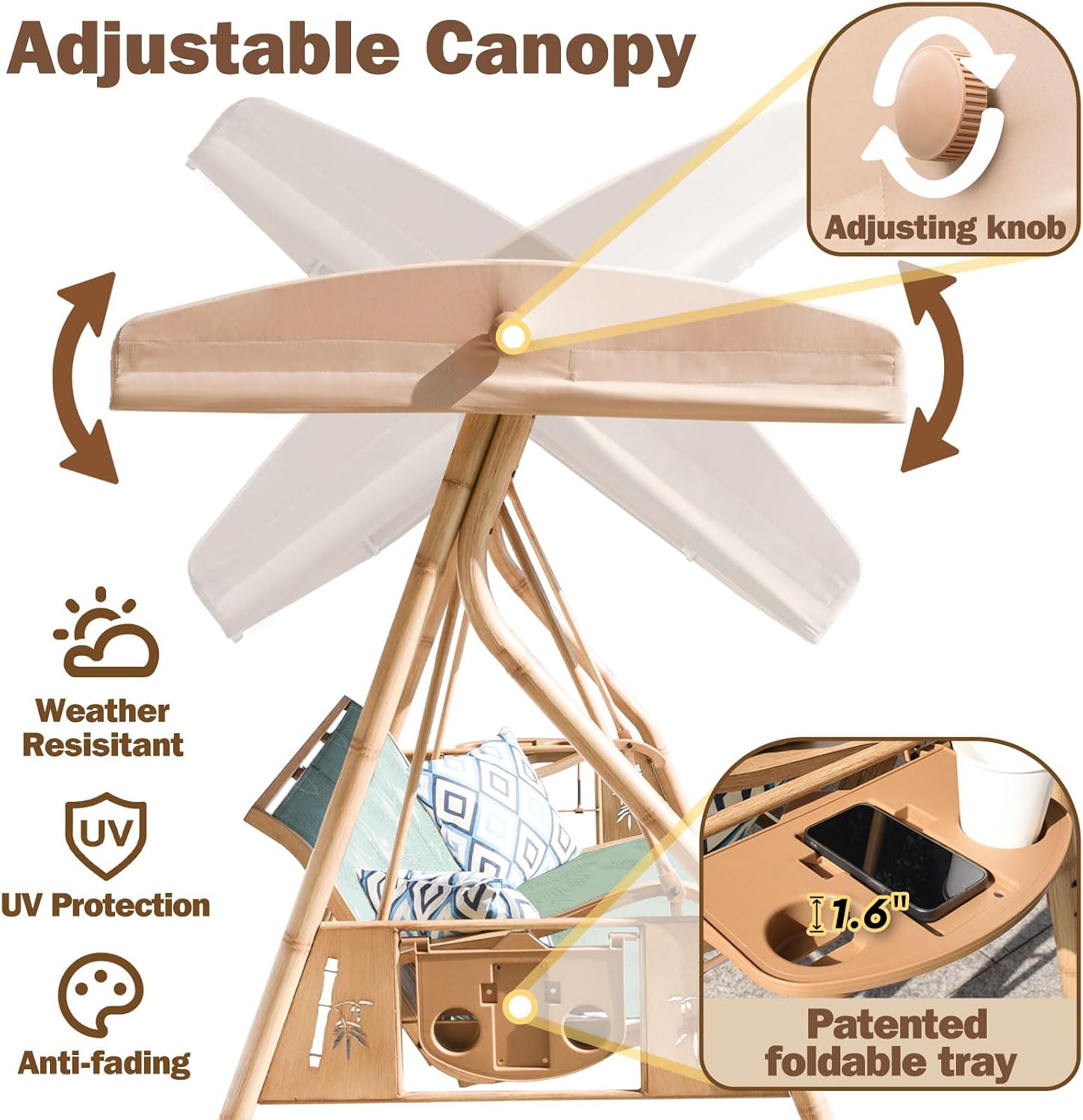 ZZW 3 Person Patio Swing Outdoor Swing for Adults with Adjustable Canopy &Upgraded Cup Holders Textilene Fabric Porch Swing Chair with Stand Heavy Duty 800 LBS