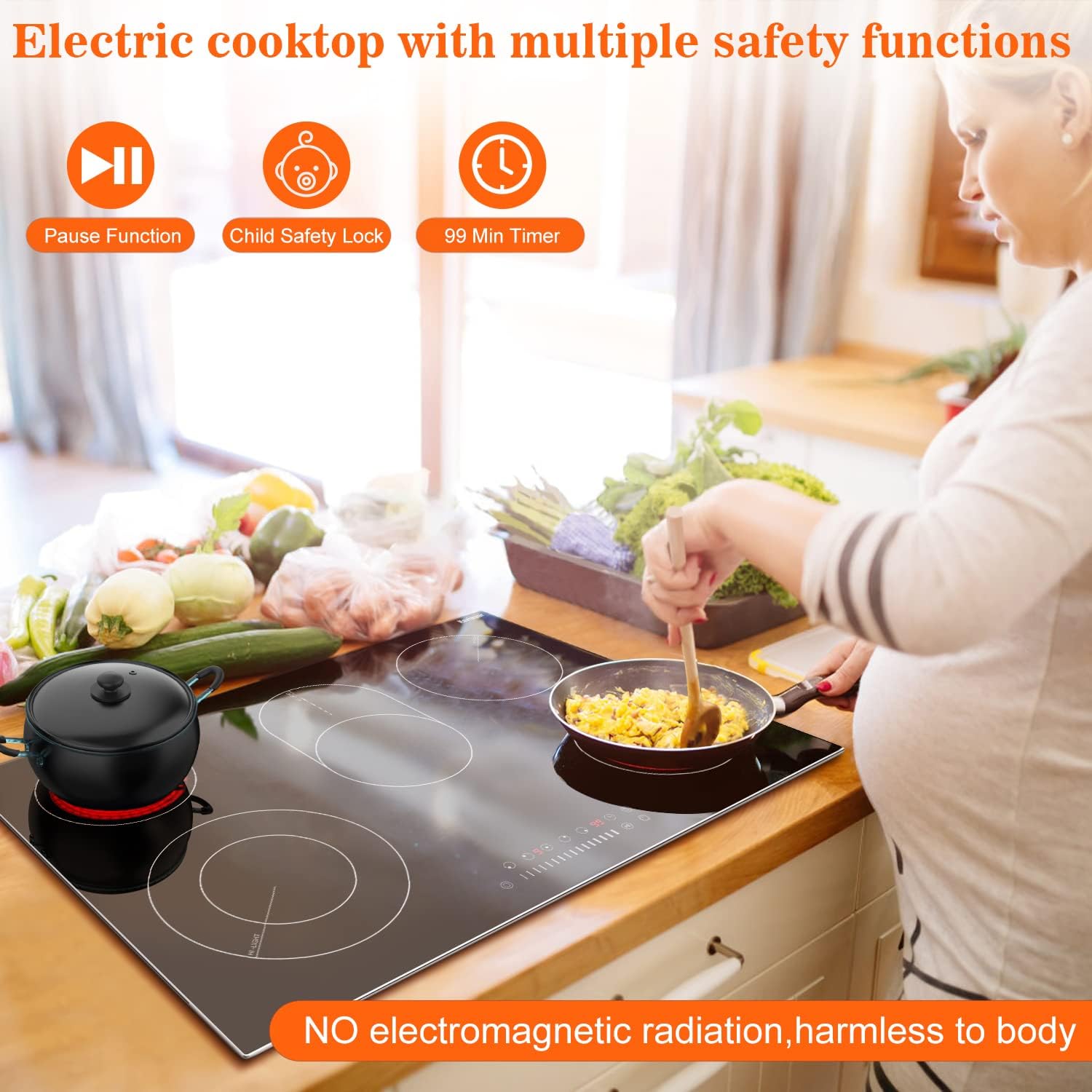 Karinear Electric Cooktop 30 Inch, 8400w 5 Burners Electric Stove Top, Built-in Ceramic Cooktop with Glass Protection Metal Frame, Multifunctional Stove for 220-240v, Hard Wire, No Plug
