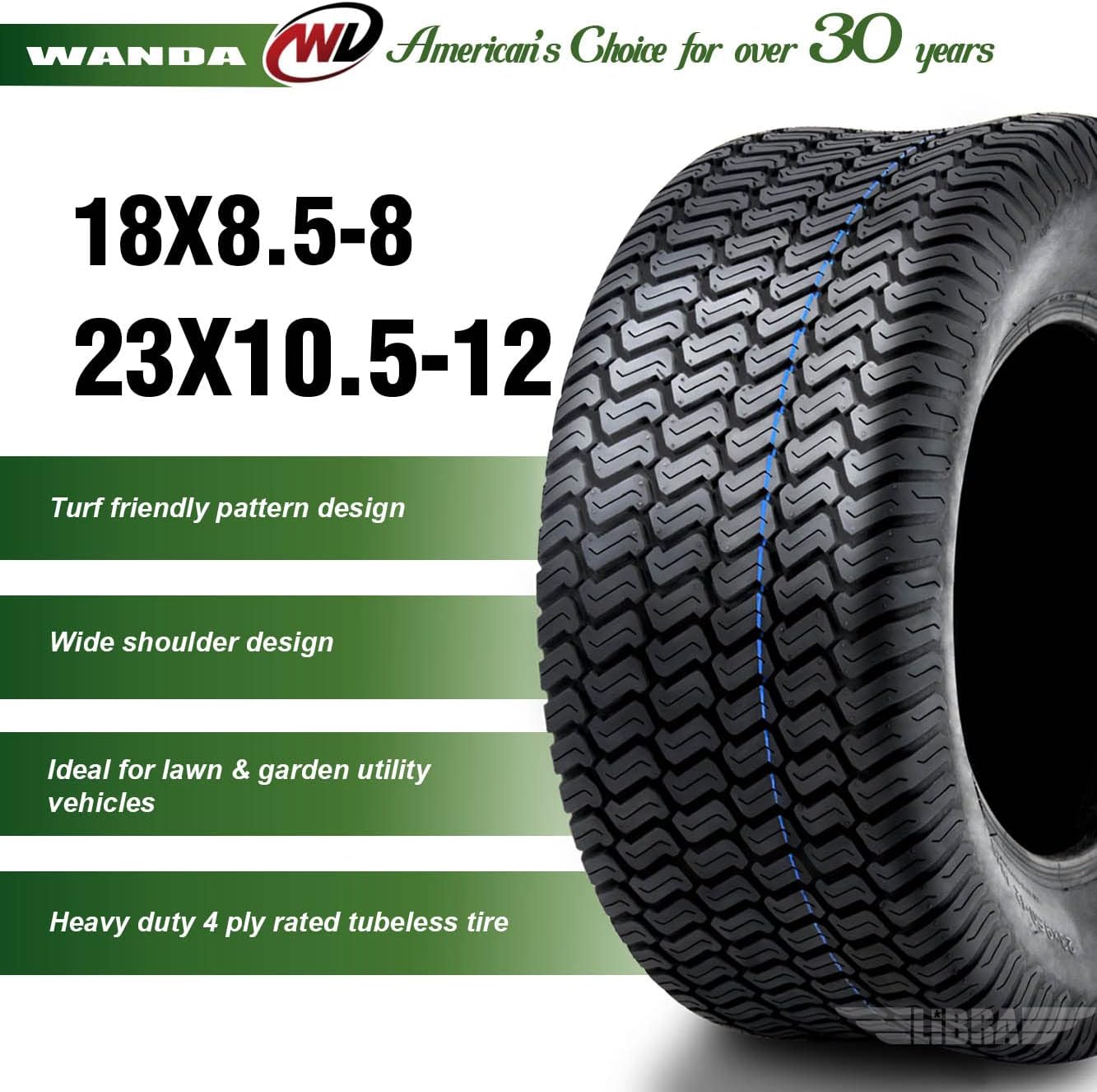 WANDA Set 4 Lawn Mower Turf Tires 18x8.5-8 Front & 23x10.5-12 Rear /4 ply -13028/13049