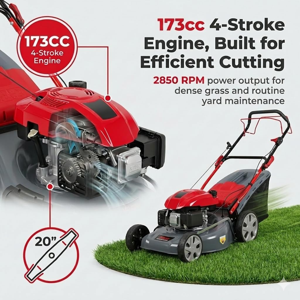 173cc 20' Gas Lawn Mower, Self-Propelled Lawn Mowers with 18' Cutting Width, Adjustable Cutting Height 25-75mm & 60L Grass Catcher, Push Mower for Large Yards and Uneven Ground Red