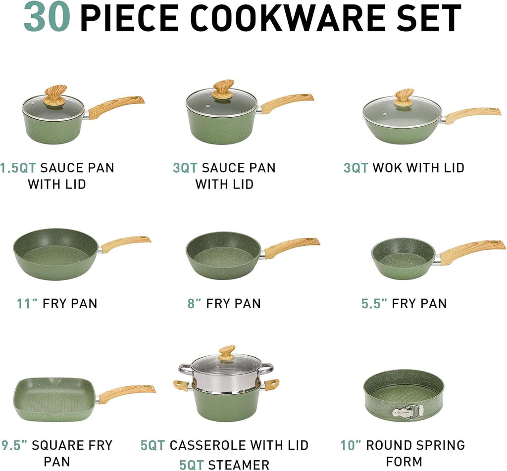 MAISON ARTS Pots and Pans Set Non Stick, 30 Piece Kitchen Cookware & Bakeware Sets with Granite Coating, Pots and Pans Sets for Cooking Nonstick, Green