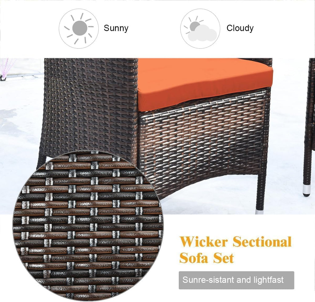Goplus 4-Piece Rattan Patio Set, Outdoor/Indoor Wicker Conversation Set for Pool, Backyard, Lawn, Wicker Chairs and Sofa with Soft Cushion, Rattan Furniture with Tempered Glass Coffee Table