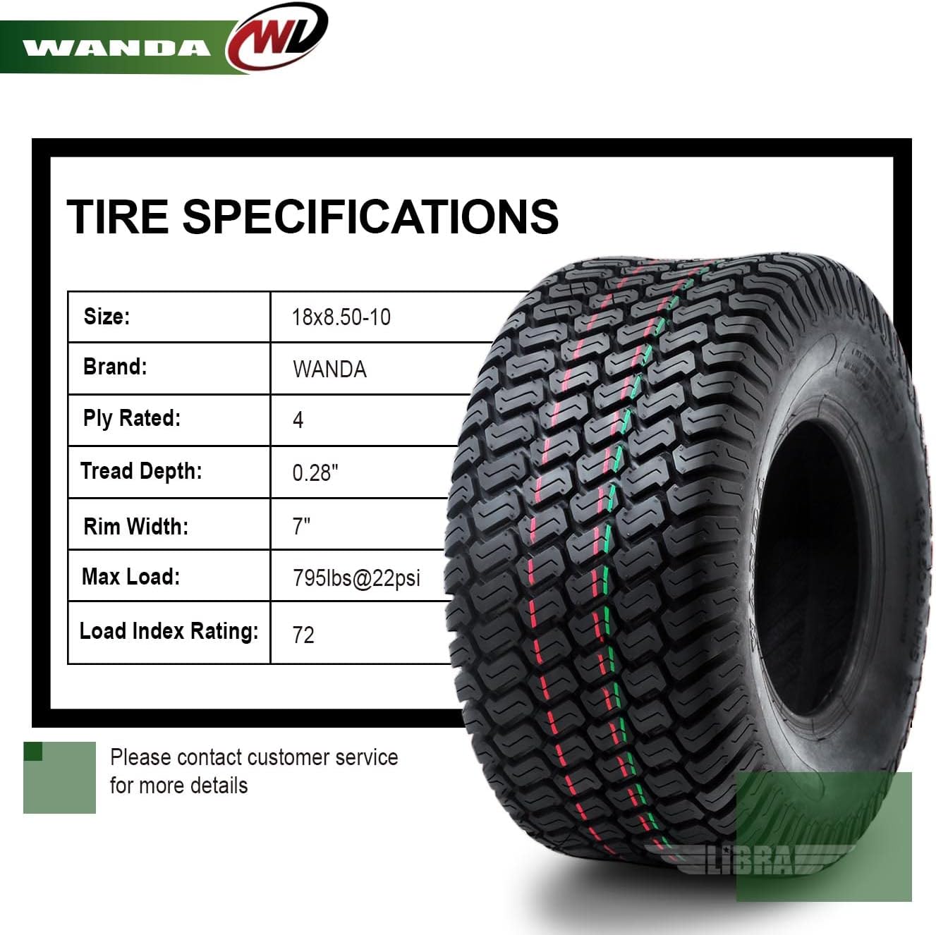 WANDA 18X8.5-10 Lawn Mower Tractor Cart Turf Tires 4 Ply 18x8.5x10 -Set 2-13029