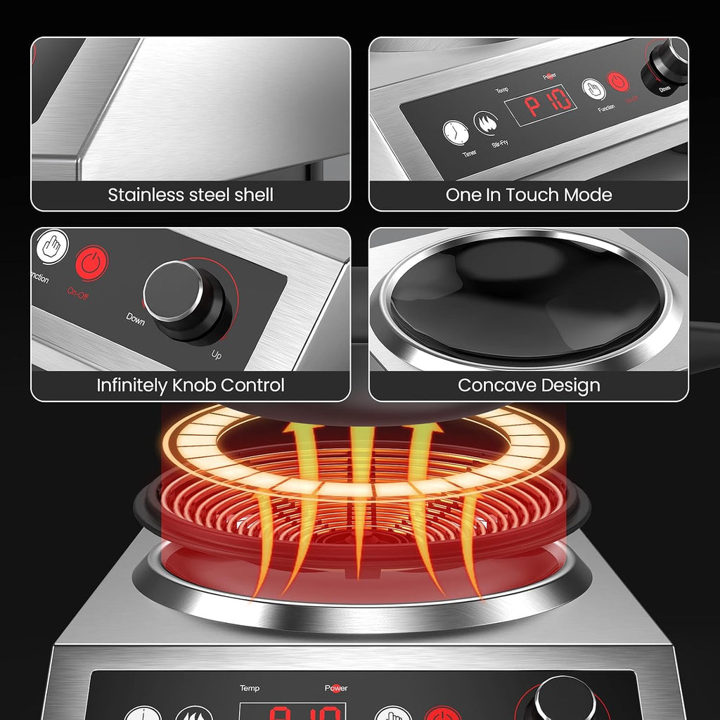 1800W Electric Wok Used For Home And Commercial,Induction Wok With Concave Surface Stainless Steel Strong Power Dual Control Mode 10 Power And Temp 24H Timer Induction Cooktop For Cooking
