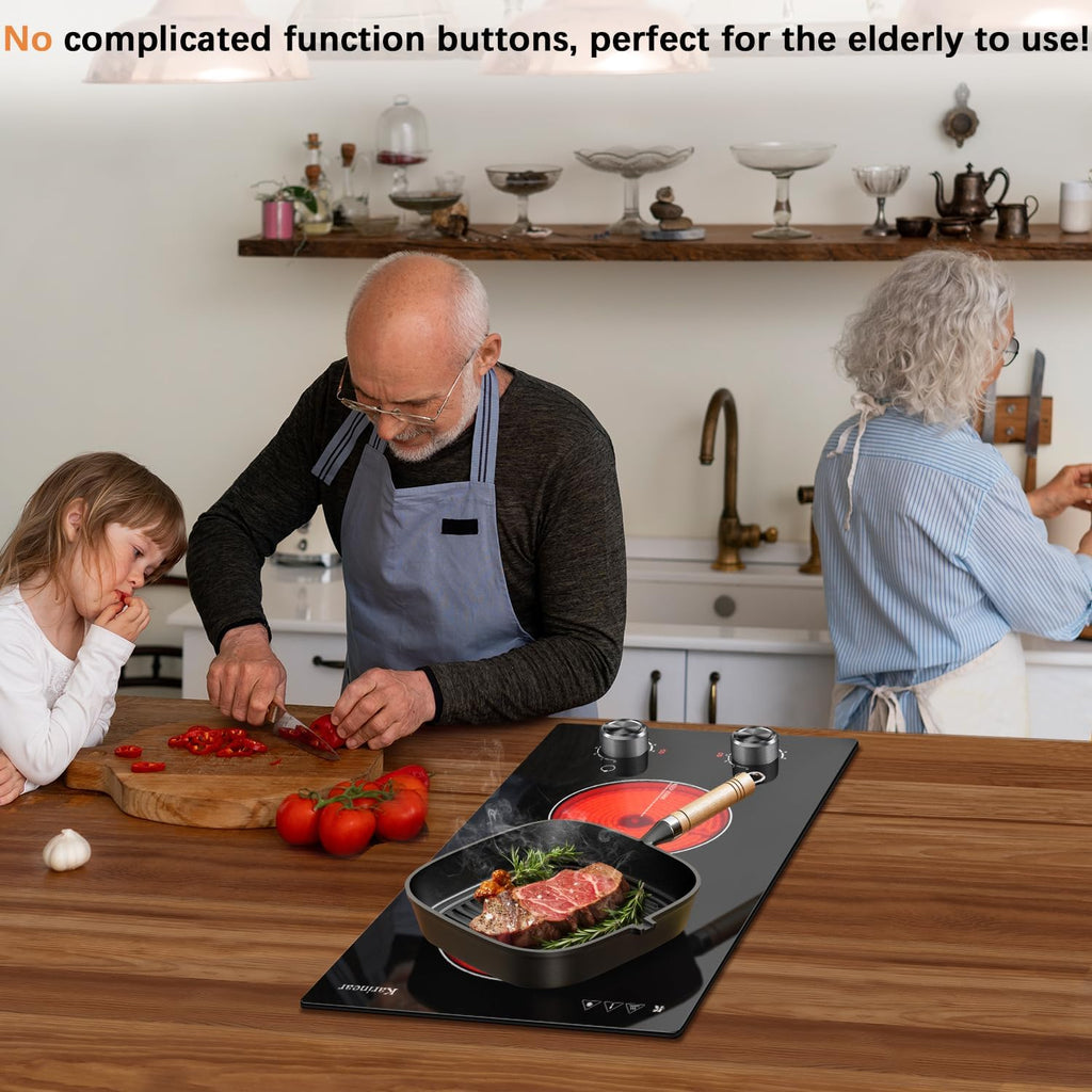 Karinear 110V Electric Cooktop 2 Burners Electric Stove 12 Inch Knob Control Countertop & Built-in Ceramic Cooktop, 9 Heating Level, Hot Warning, Over-Temperature Protection(Silver Knob)