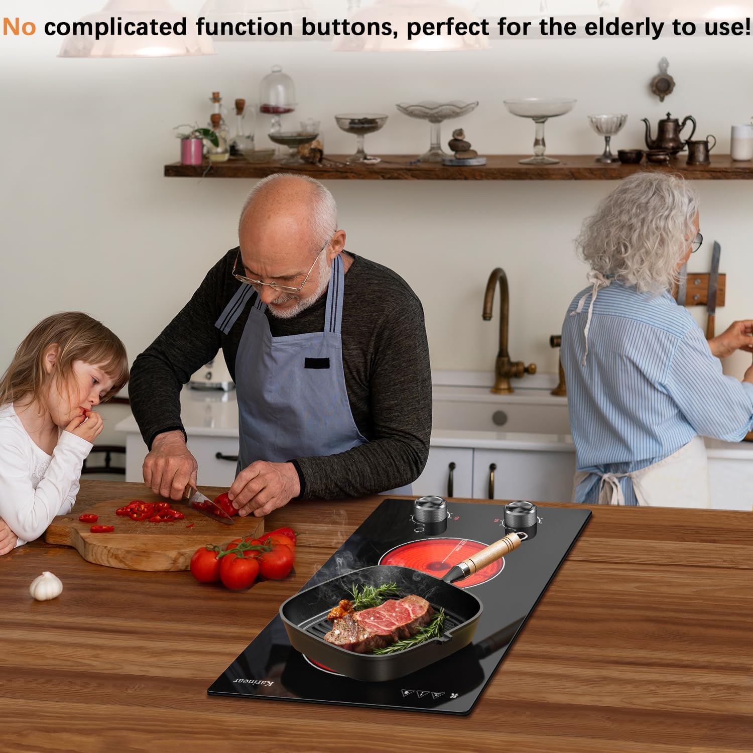 Karinear 110V Electric Cooktop 2 Burners Electric Stove 12 Inch Knob Control Countertop & Built-in Ceramic Cooktop, 9 Heating Level, Hot Warning, Over-Temperature Protection(Silver Knob)
