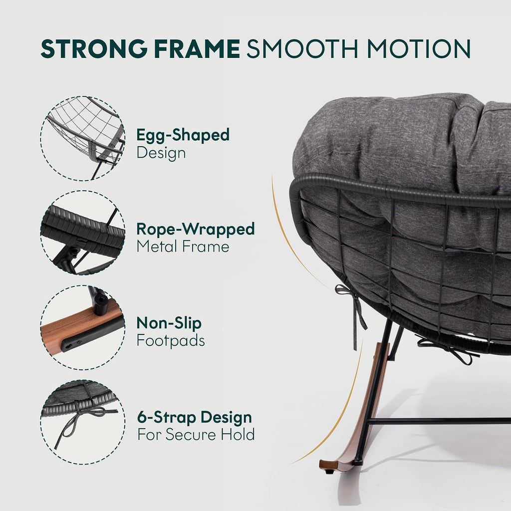 Bme Patio Rocking Chair Outdoor & Indoor, Metal Patio Lounge Rocking Chair with Thick Cushion, Comfy Modern Rocker Chair for Living Room, Porch, Backyard, Grey Cushion - Wood Texture Rocker