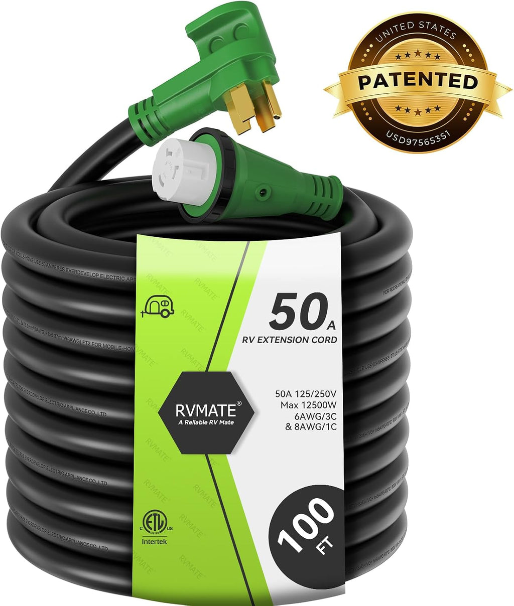 RVMATE 50 Amp 100 Feet RV/Generator Lockable Power Extension Cord, Easy Plug in Handle, 14-50P to SS 2-50R with LED Indicator, ETL Listed