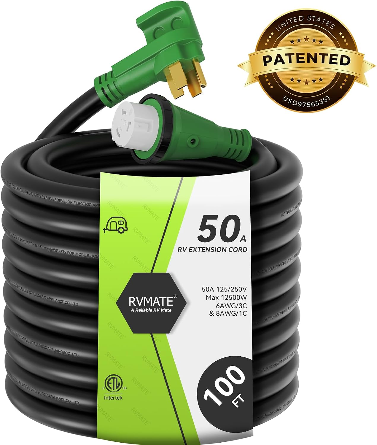 RVMATE 50 Amp 100 Feet RV/Generator Lockable Power Extension Cord, Easy Plug in Handle, 14-50P to SS 2-50R with LED Indicator, ETL Listed