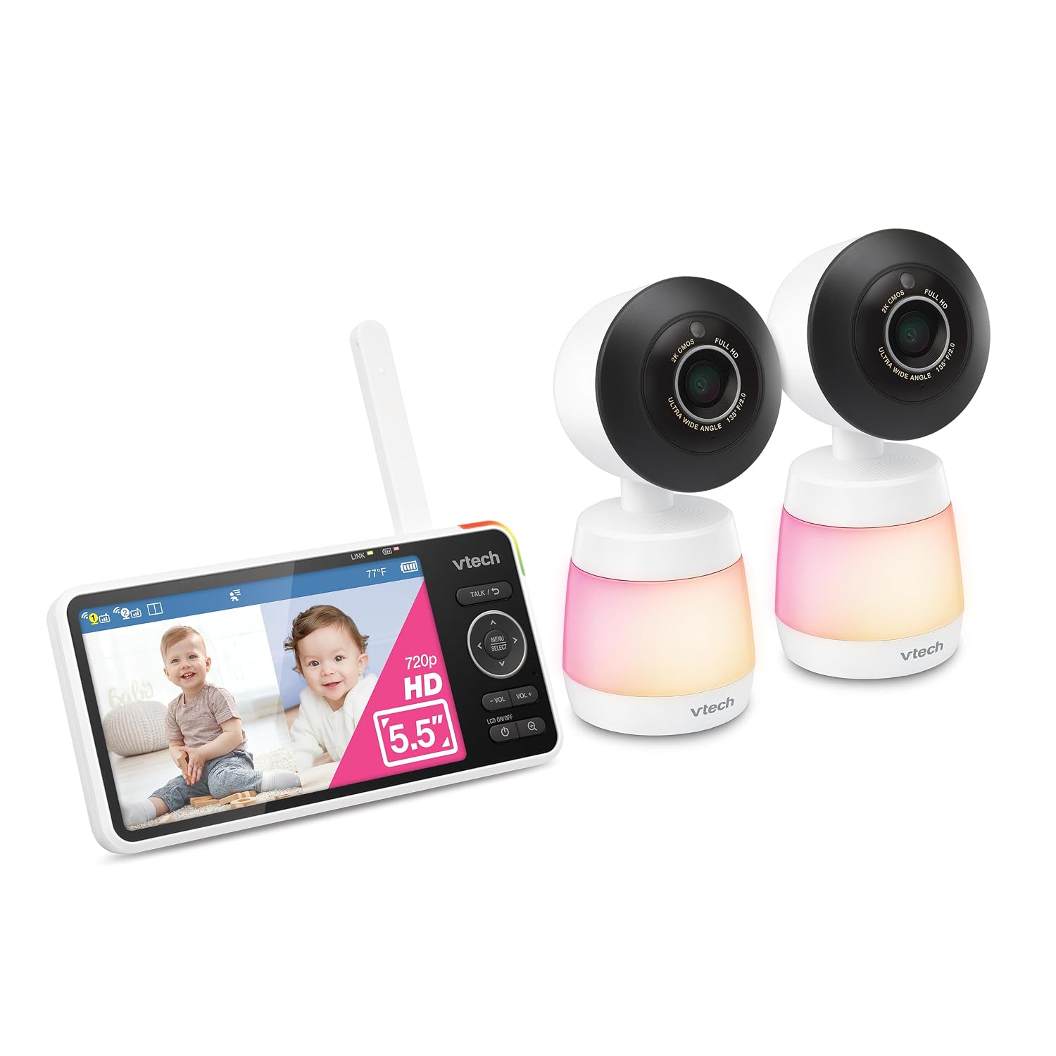 VTech Smart HD Plus Twin 2-Camera Smart WiFi Baby Monitor – 2K Cameras, 5.5' HD Split-Screen, 24X Zoom, Free App, Multi-Color Night Light