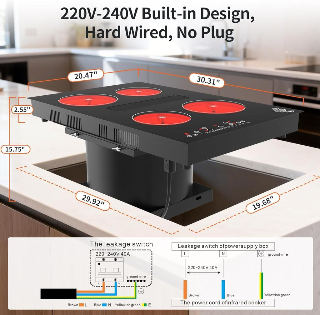 30' Electric Cooktop with Downdraft – 4 Burner 6000W Built-in Electric Stove, BBQ Bridge Burner, Timer, Safety Lock, Recirculating Vent (220V-240V)