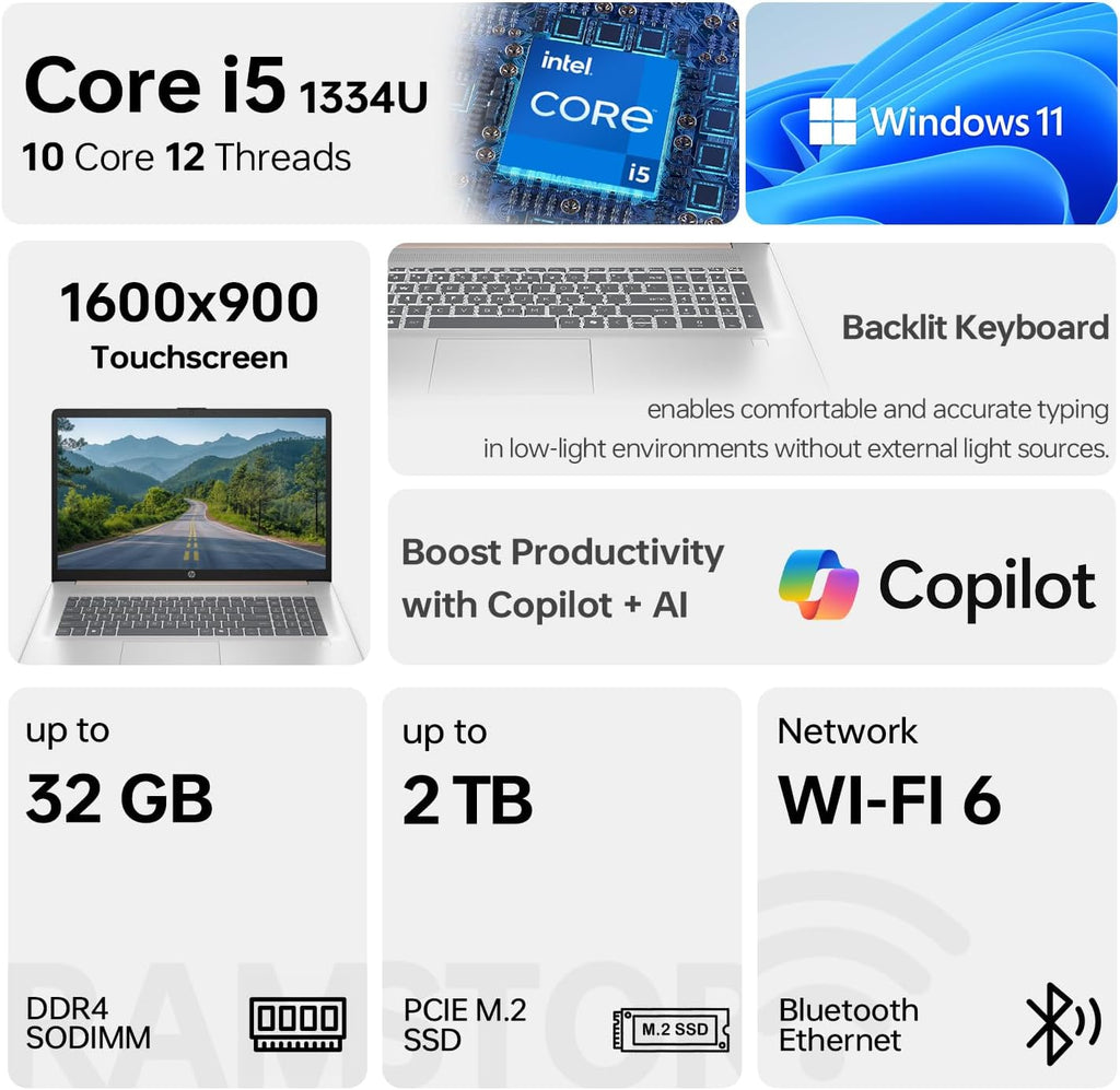 HP 2024 17t Business Professional Rose Gold Laptop, 17.3' HD+ Touchscreen, Intel Core i5-1334U, 16GB RAM, 1TB SSD, Webcam, FP Reader, Backlit KB, HDMI, Wi-Fi 6, Windows 11 Pro