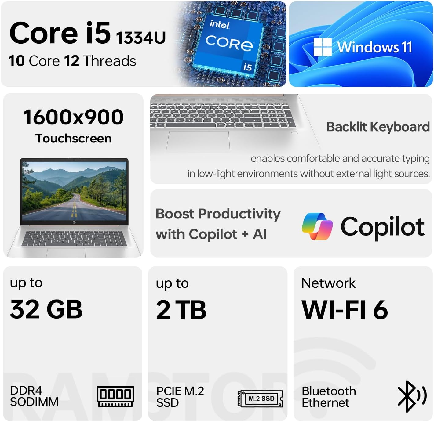 HP 2024 17t Business Professional Rose Gold Laptop, 17.3' HD+ Touchscreen, Intel Core i5-1334U, 16GB RAM, 1TB SSD, Webcam, FP Reader, Backlit KB, HDMI, Wi-Fi 6, Windows 11 Pro