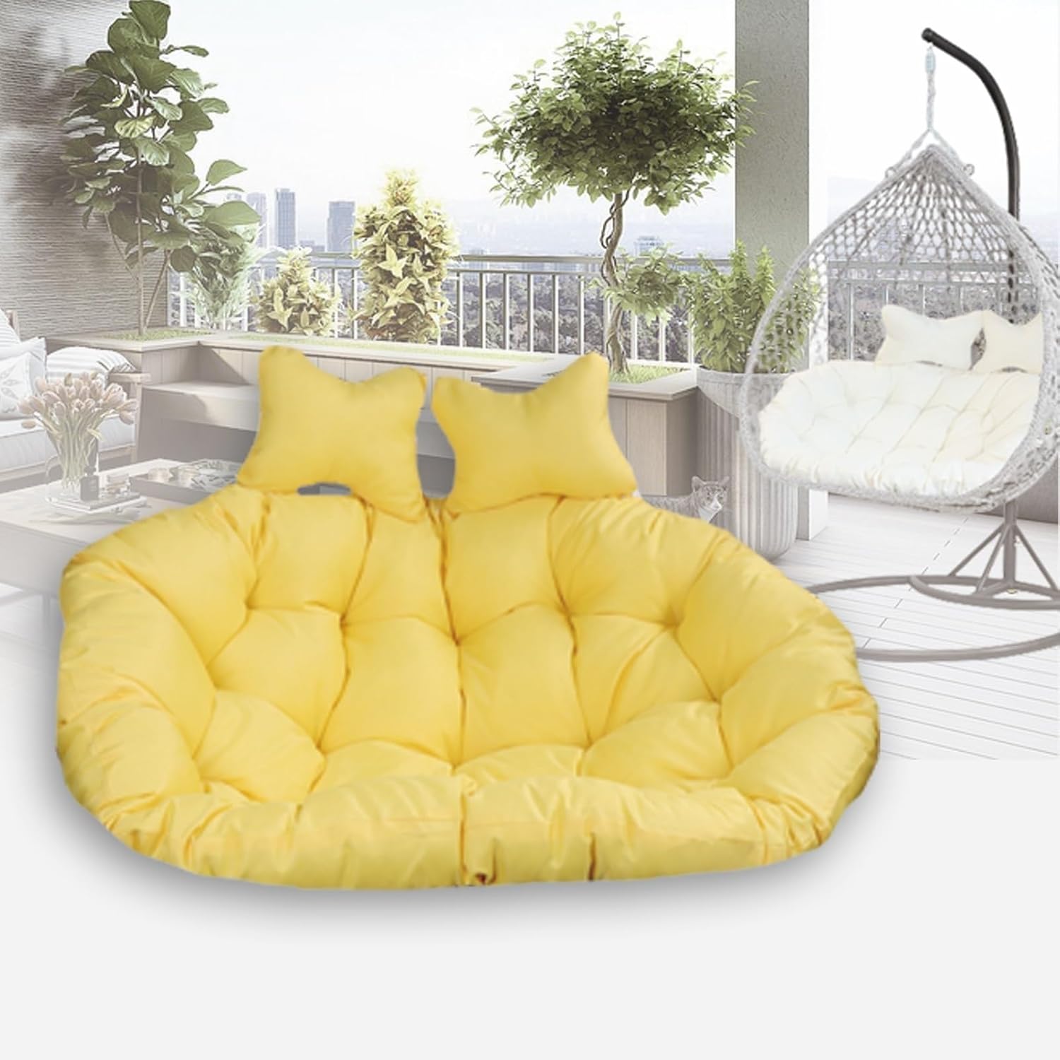 Double People Swing Chair Cushion, Washable Hanging Egg Chair Replacement Cushions, 2 Seater Waterproof Hanging Hammock Chair Seat Pads with 2 Detachable Pillow for Outdoor & Indoor, Yellow