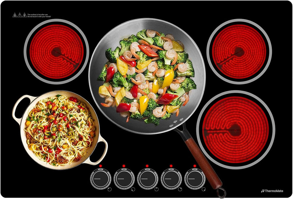 ThermoMate 30 Inch Electric Cooktop, 5 Burners Knob Control Built-in Ceramic Cooktop, 30' Radiant Electric Stove Top of 9000W with 9 Heat Levels, Hot Surface Indicator, 220-240v, Hard Wired