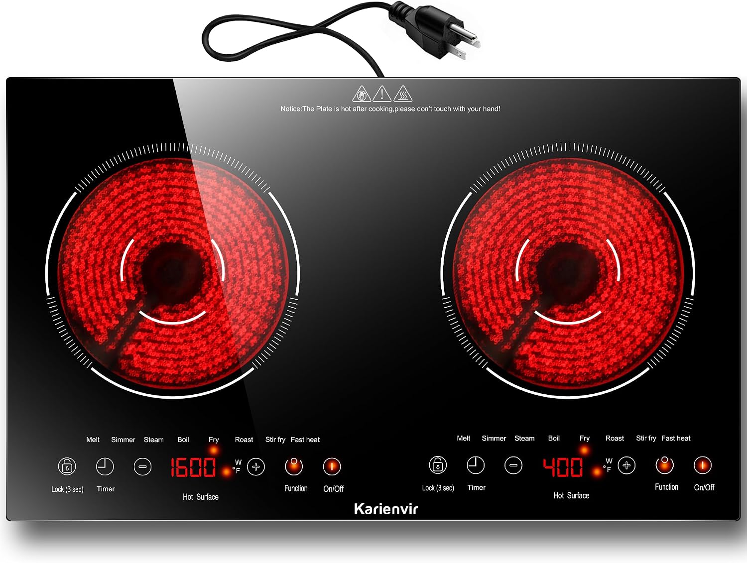 2 Burner Electric Cooktop 110v, 2000W Electric Stove Top Countertop & Built-in, Plug-in Electrics Cooktop 24 Inch, 8 Power Levels & 8 Functions, Touch Control, Safety Lock, Timer, Karienvir