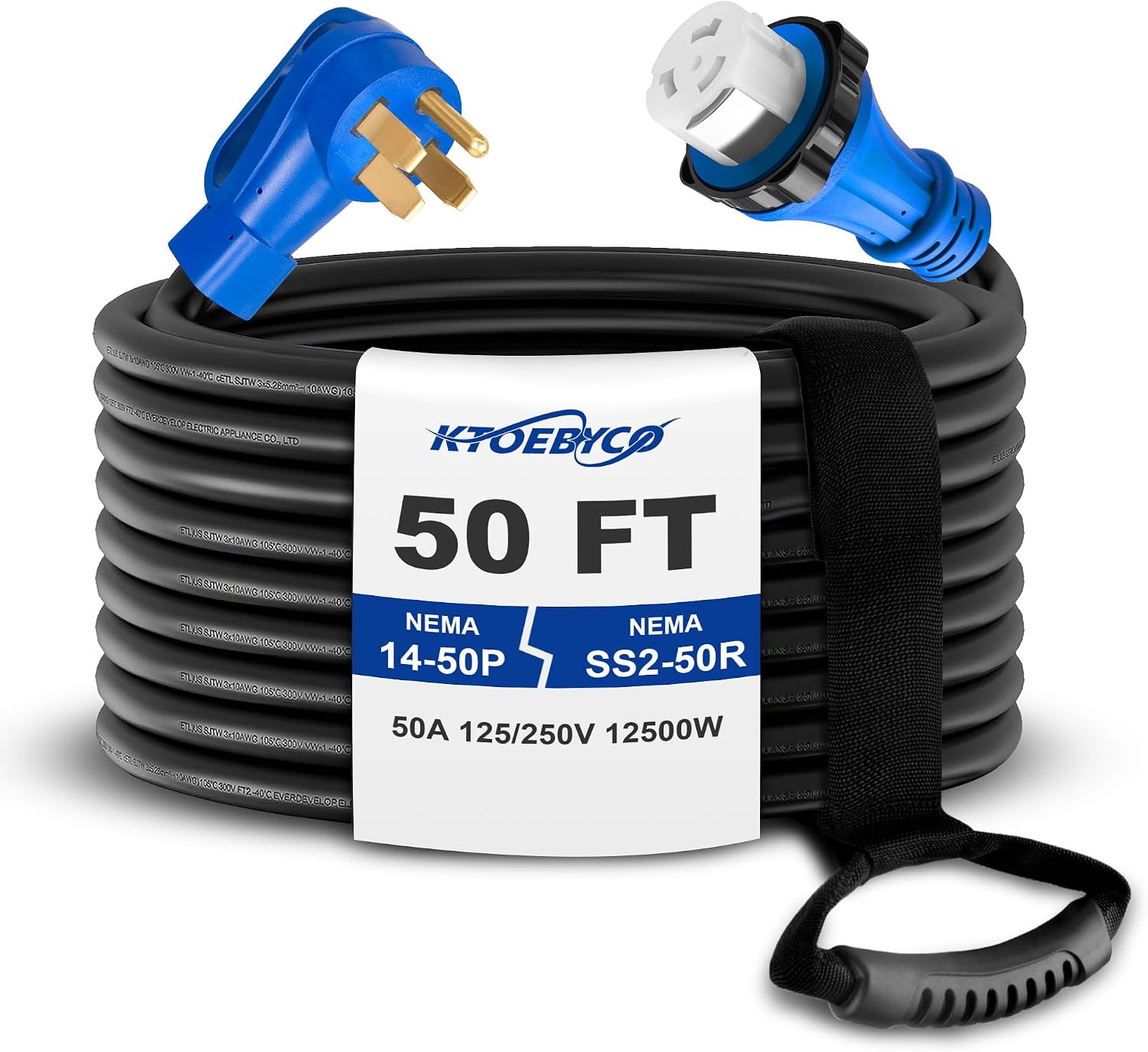 50 Amp 50FT RV Extension Cord, ETL Listed Heavy Duty Copper NEMA 14-50P to SS2-50R Power Cord with Twist Lock and Polarity Indicator