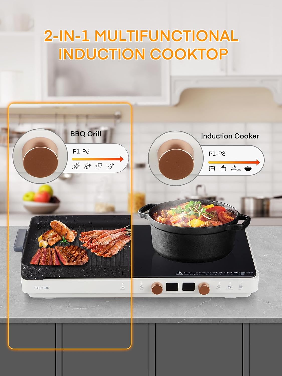 Induction Cooktop 2 Burners, Double Induction Griddle Cooktop 1800W with Removable Iron Cast Griddle Pan Non-stick, Independent Temperature Control, 8 Power Levels, 99 Min Timer for Magnetic Cookware
