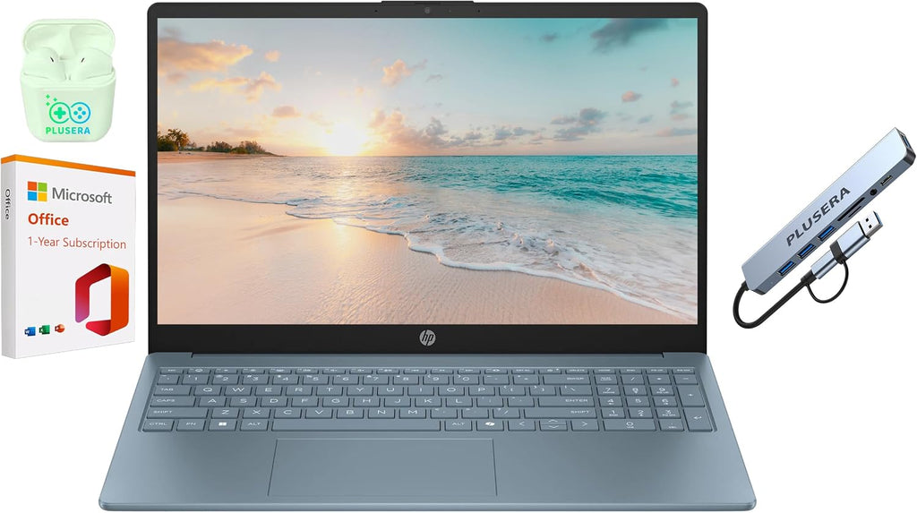 HP 15.6' LED Laptop Computer, 16GB RAM 640GB Storage (128GB UFS+512GB Docking Set), Quad-Cores Intel Pentium, Windows 11 S with 1-Year Microsoft Office 365 Included, PLUSERA Earphones, Moonlight Blue