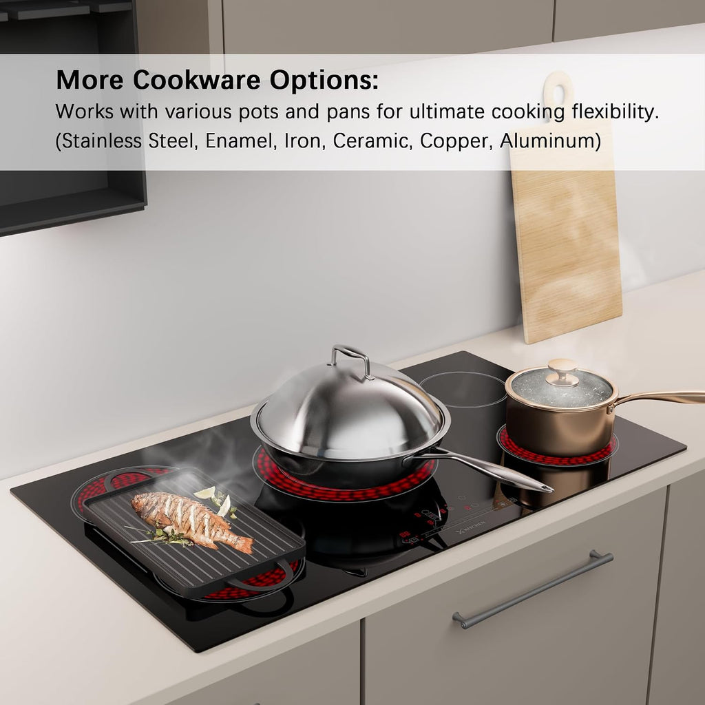 Electric Cooktop 36 Inch Ceramic Stove - 5 Burners Built-in 220-240V Black Cooktop, Touch Control, Child Lock, 9 Power Levels, Timer (9200W)