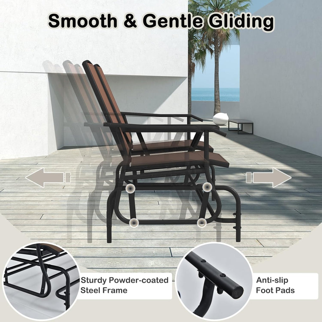 Tangkula 2 Person Swing Glider Chair, Patio Rocking Loveseat w/Center Tempered Glass Table, Outdoor Swing Bench w/Steel Frame & Breathable Mesh Fabric for Porch, Balcony, Poolside (Brown)