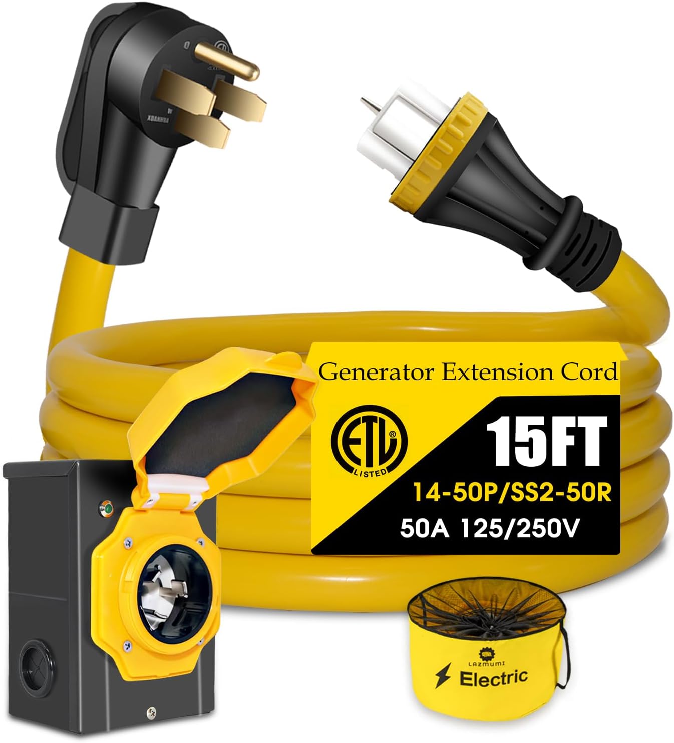 50 Amp Generator Cord with Pre-Drilled Power Inlet Box, Real Heavy Duty STW 6/3+8/1 AWG,125V/250V NEMA 14-50P to SS2-50R Generator Extension Cord with Extra Hose Storage Bag,ETL Listed (15FT)