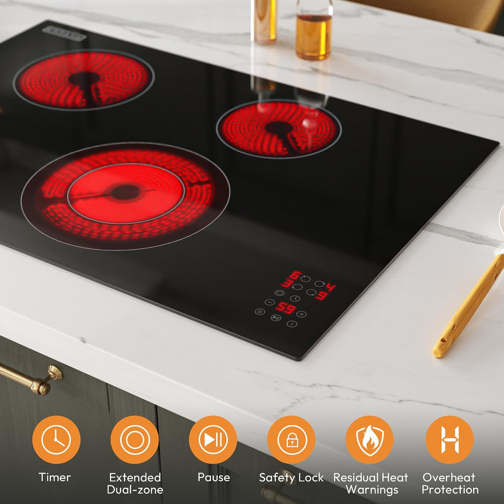 Empava 30 Inch Electric Ceramic Cooktop Built-in, 4 Radiant Burners, Dual Zone Heating, Touch Control, Child Lock, Stop & Go Pause Function, ETL Certified, Smooth Glass Surface