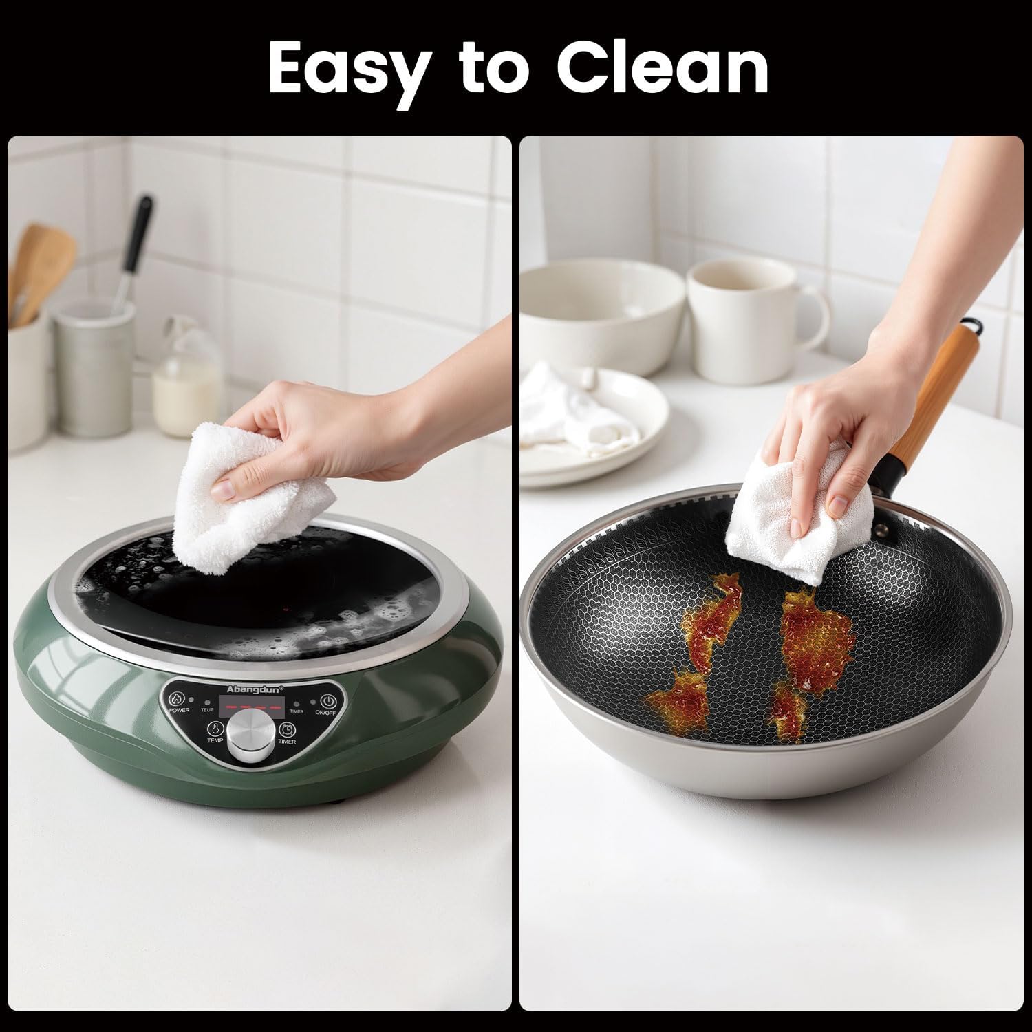 1700W 120V Concave Induction Wok Cooktop with Stainless Steel Wok, Non-Pulse Continuous Heating, 16 Power Levels, Portable Countertop Burner for Round-Bottom Woks & Stir-Fry Cooking