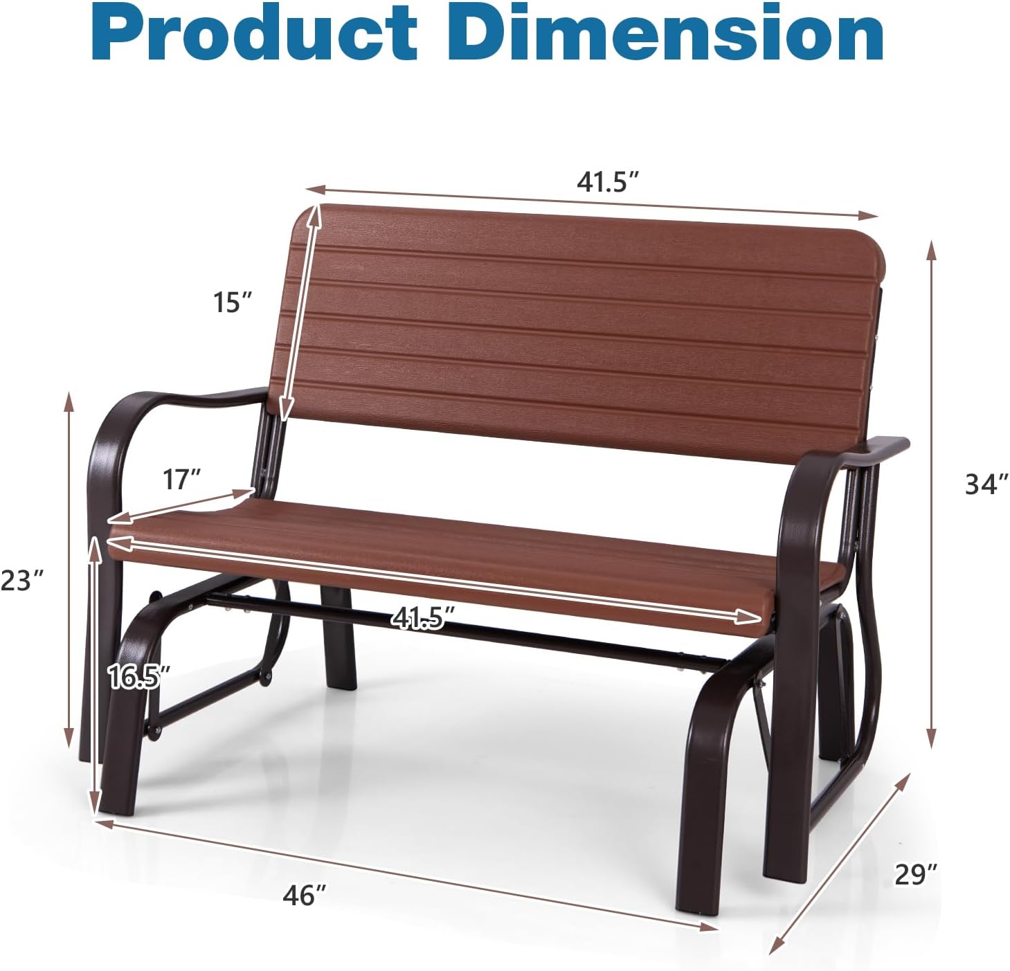 Tangkula Outdoor Glider Bench, Porch Glider Loveseat Swing Bench with w/Steel Frame, 2-Seat Rocking Chair for Porch, Garden, Backyard, Lawn (Coffee)