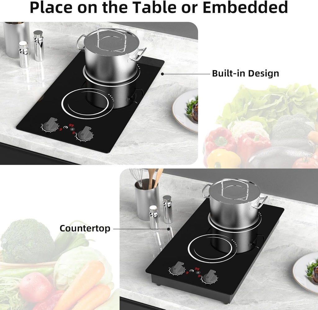 VBGK Double Induction Cooktop,110V 2300W 2 burner induction cooktop,2 burner Hot Plate Electric burner with LCD Touch Screen 9 Levels Settings Child Safety Lock & Timer