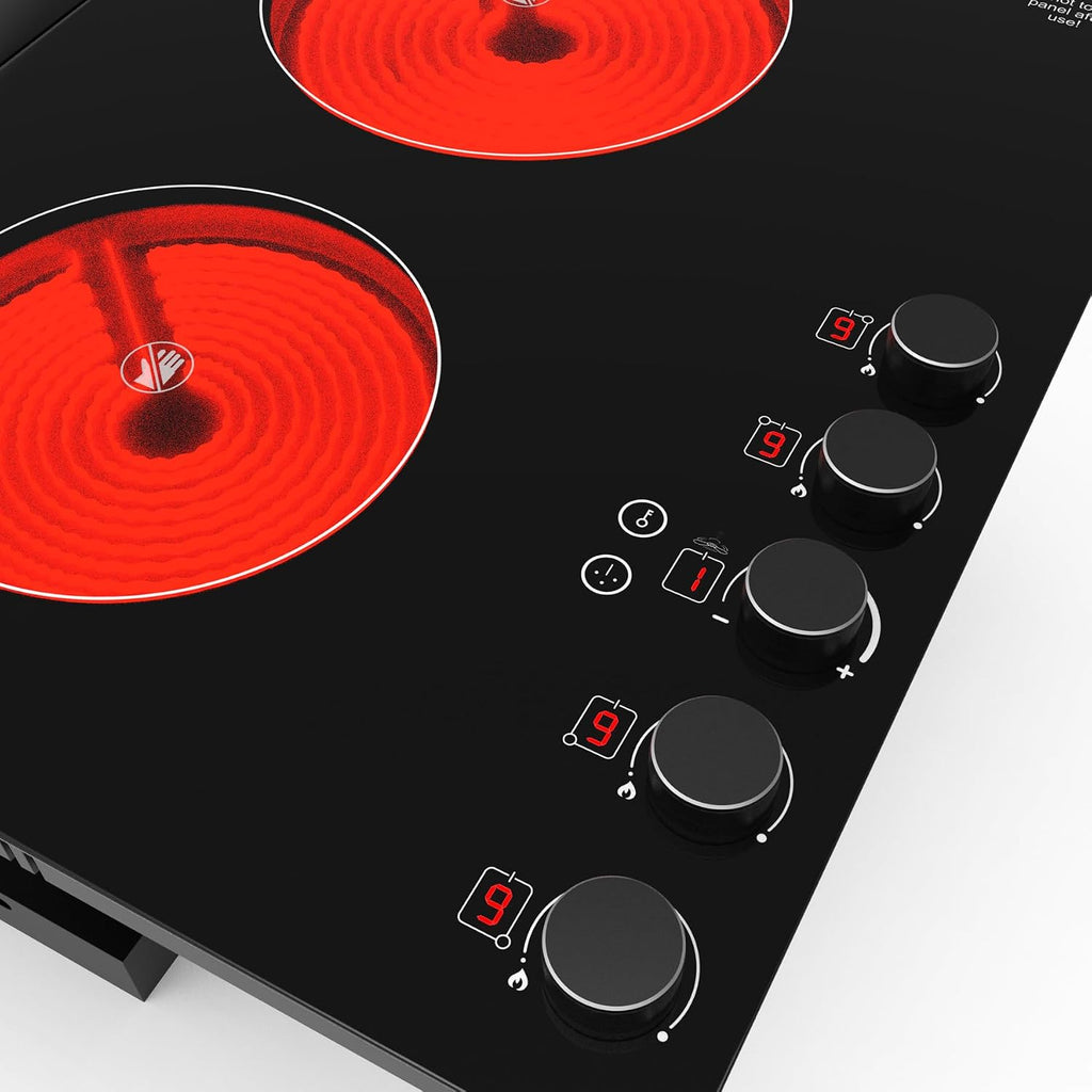 30' Electric Cooktop with Downdraft – 4 Burner 6000W Built-in Electric Stove, BBQ Bridge Burner, Timer, Safety Lock, Recirculating Vent (220V-240V)