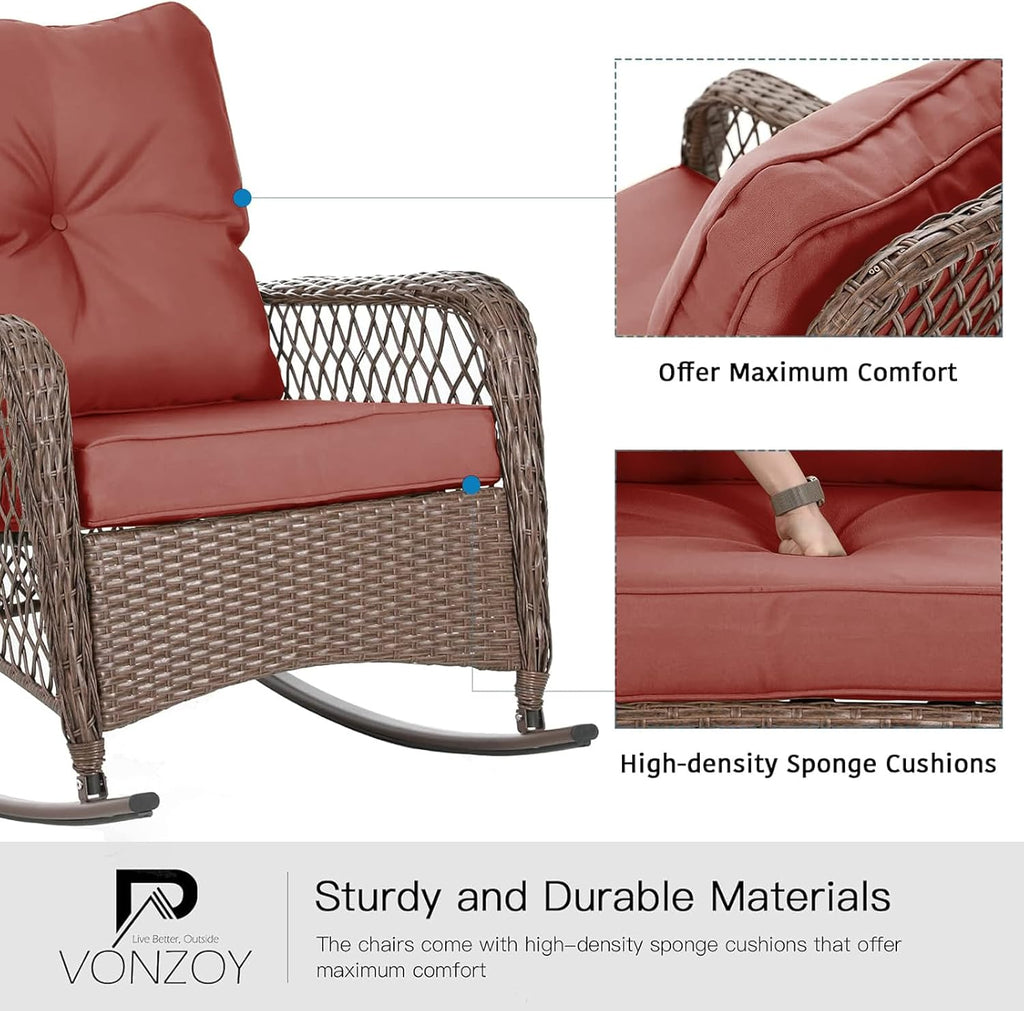 Patio Furniture Set 3 Pieces, Rocking Bistro Set with Thick Cushions, Brown Wicker Outdoor Rocker Chairs and Coffee Table for Porch, Backyard or Garden (Red)