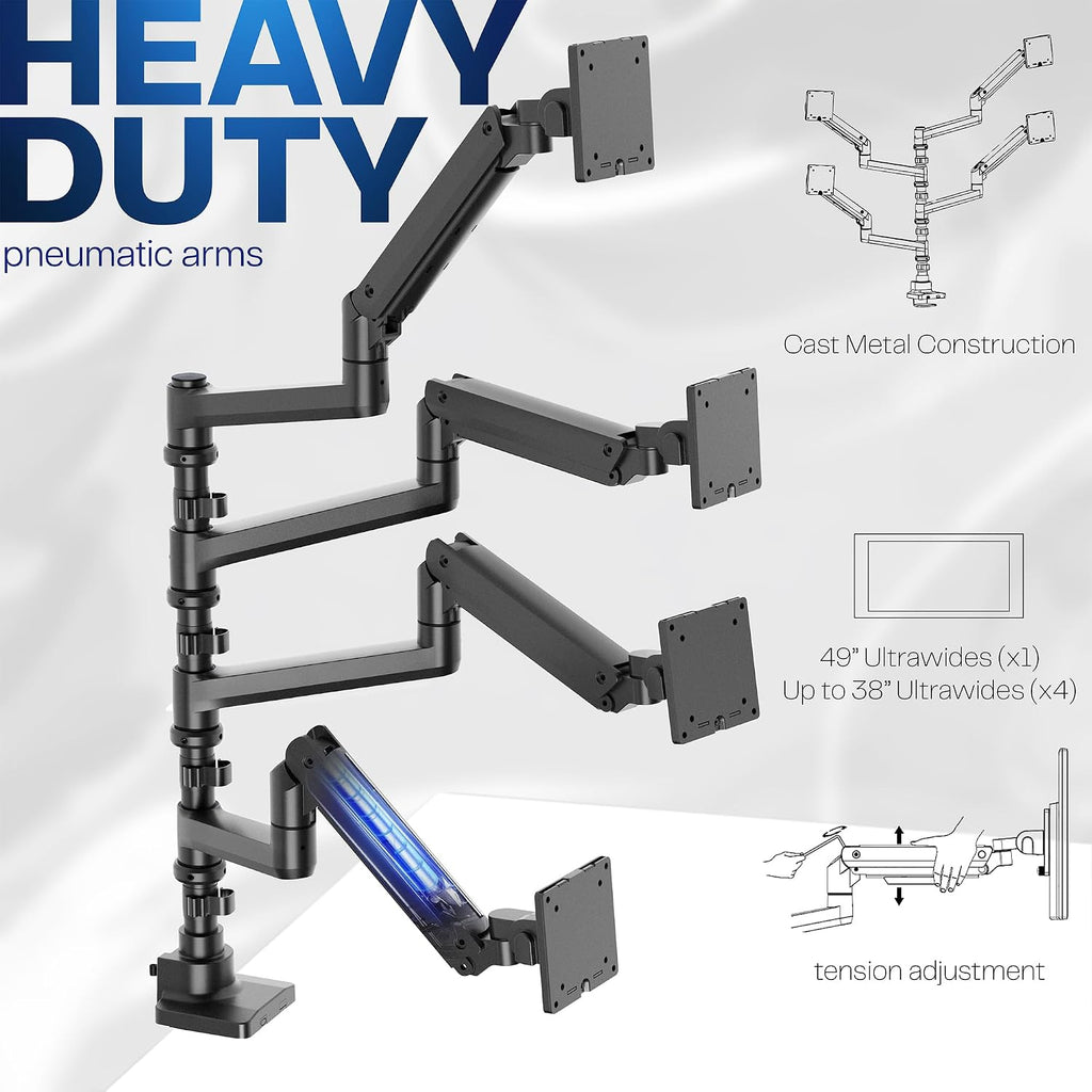 VIVO Pneumatic Arm Quad Ultrawide Monitor Extra Tall Desk Mount for Up to 49 inch Screens Individual Arm Capacity, Max 38 inch Screens for 4 Ultra Wides Up to 44 lbs, Black, STAND-V400D