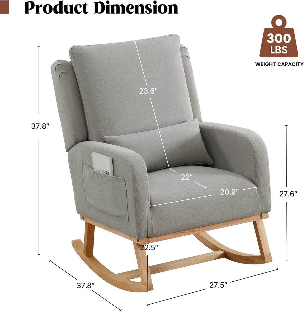 HCHAIRH Rocking Chair Nursery, Upholstered Fabric Nursing Rocking Chairs with Lumbar Pillow, Modern Nursery Glider Rocker Morden Accent Rocking Chair for Mom Nursery, Living Room, Bedroom, Grey