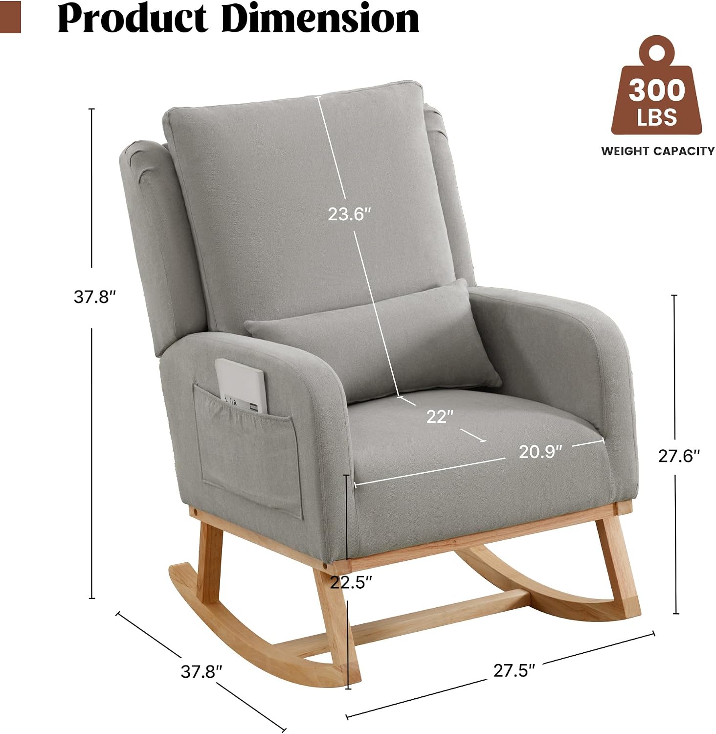 HCHAIRH Rocking Chair Nursery, Upholstered Fabric Nursing Rocking Chairs with Lumbar Pillow, Modern Nursery Glider Rocker Morden Accent Rocking Chair for Mom Nursery, Living Room, Bedroom, Grey