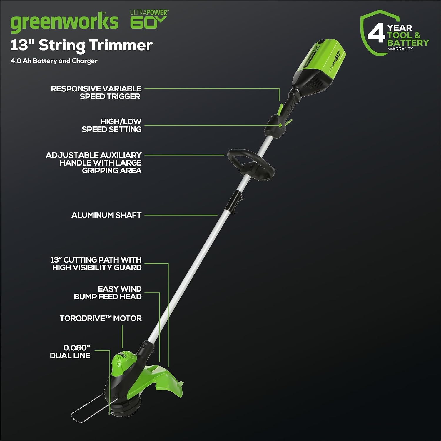 Greenworks 60V Cordless Yard Tool Combo Kit with 4.0Ah Battery & Charger – 13' Dual-Line String Trimmer and 540 CFM Leaf Blower