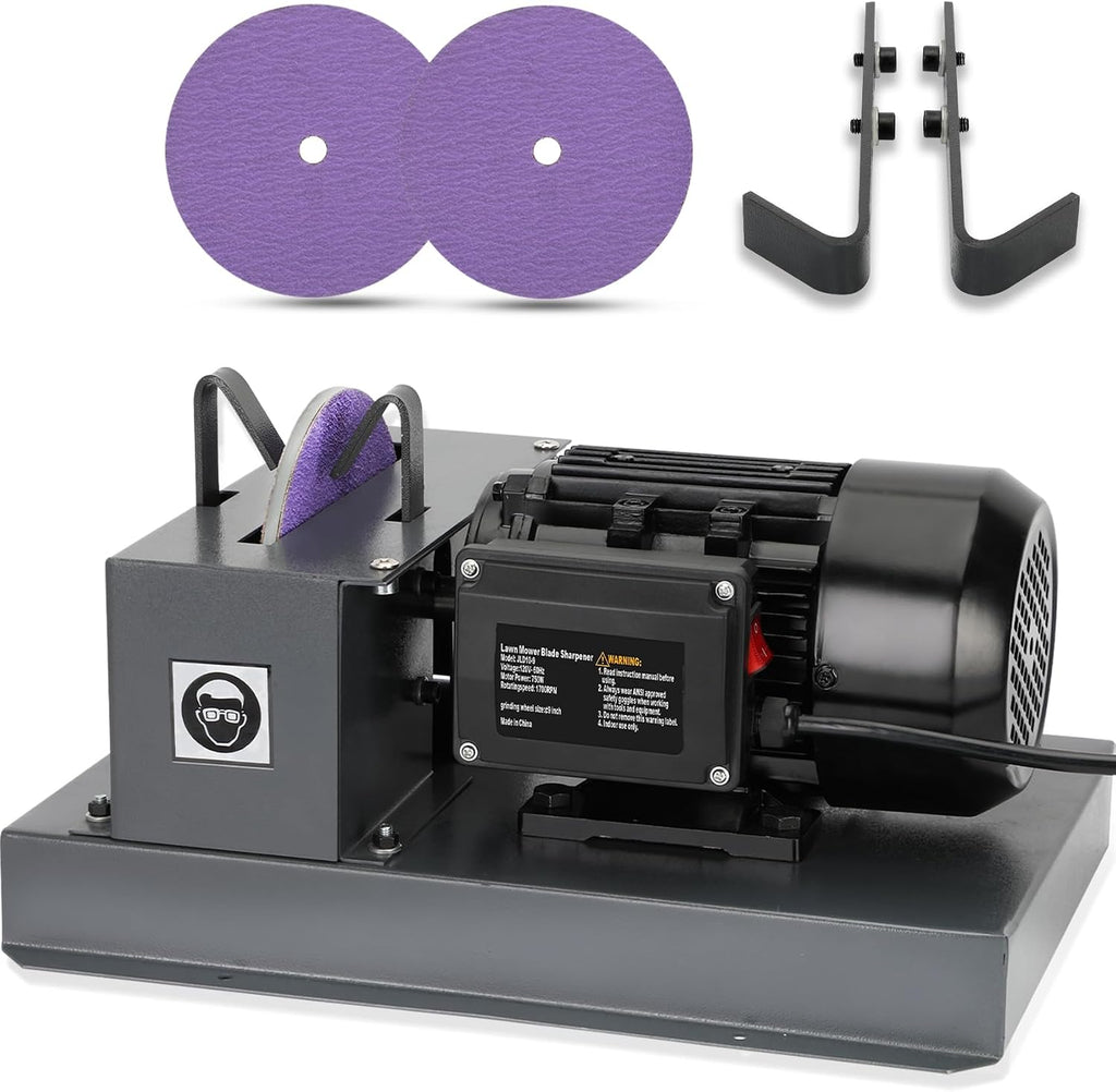 2026 Upgrade Lawn Mower Blade Sharpener, 1HP 750W Mower Grinder with 9-inch Ceramic Grinding Disc, 2 Pack-9'' Sanding Paper and 40° Bracket for High/Low Lift, Gator & Flat Blades Sharpen