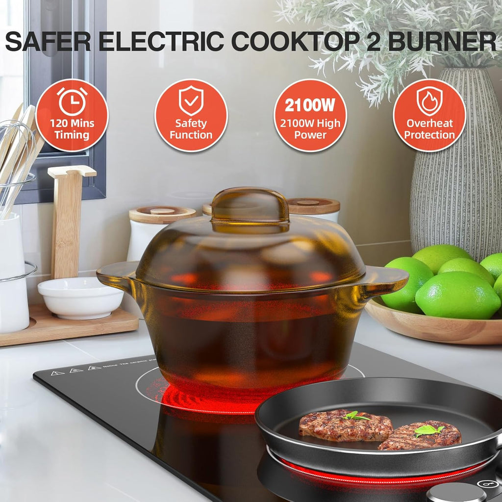 110v Electric Cooktop 2 Burners, 12'' Electric Stove Top with Plug in, Knob Control Countertop & Built-in Ceramic Cooktop, 9 Power Levels, Child Lock, Timer, Over-Heat Protection