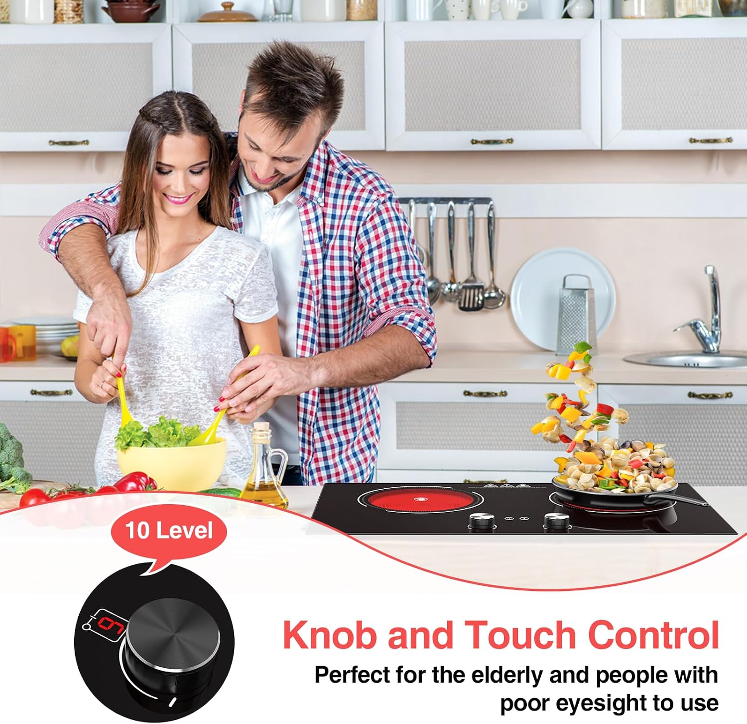 4000W Electric Cooktop: 24' Electric Stove 2 Burner Hot Plate Double Burner, Knob Control Countertop & Built-in, 9 Power Levels, Child Lock, Timer, Suitable for All Pans