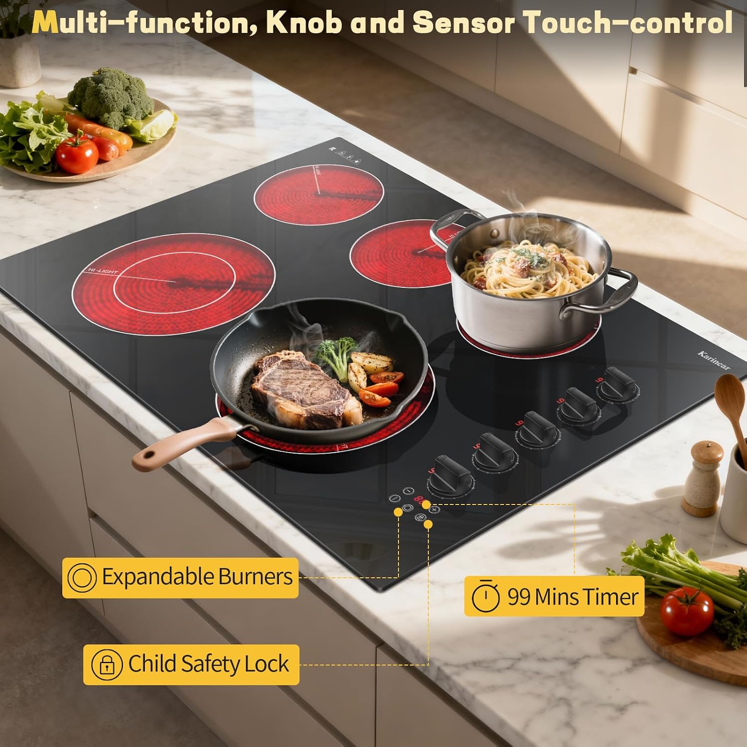 Karinear 30 inch Electric Cooktop, 8600W 5 Burner Radiant Electric Stove Top, Knob & Touch Control with 9 Power Levels, Expandable Zone, Timer, Child Safety Lock, 240V Hardwired