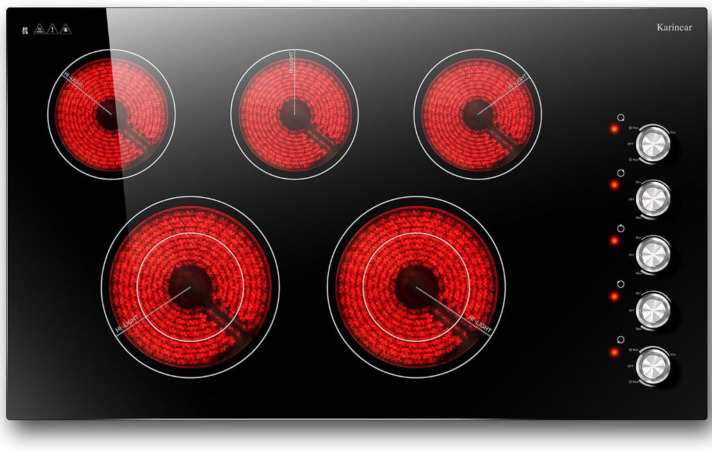 Karinear 36' Electric Cooktop 5 Burners, Knob Control Electric Stove Top, 9 Power Levels, Residual Heat Indicator, 8400W, 40A, 240V Hardwire(Sliver)