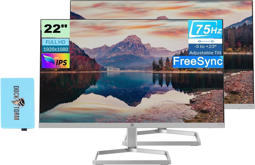 HP 22 IPS 1080P FreeSync Monitor Bundle with Docztorm Dock, 22 inch IPS (1920 x 1080) Display, VGA, HDMI, Adjustable Tilt, Ideal for Home & Business, Black & Silver 2 Pack