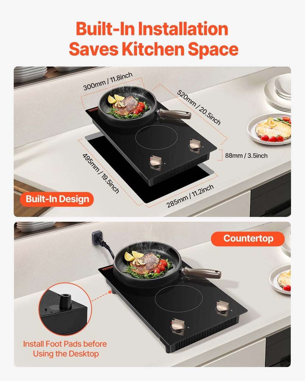 VEVOR Induction Cooktop, 1800W Electric Countertop Burner, 2 Burner Knob Control Stove, Built-in Induction Cooktop with 12 Temperature Settings, Glass Surface, Auto Shut-Off