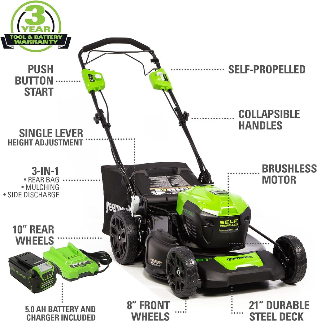 Greenworks 40V 21' Self-Propelled Mower,Axial Leaf Blower,12' String Trimmer with Batteries and Chargers