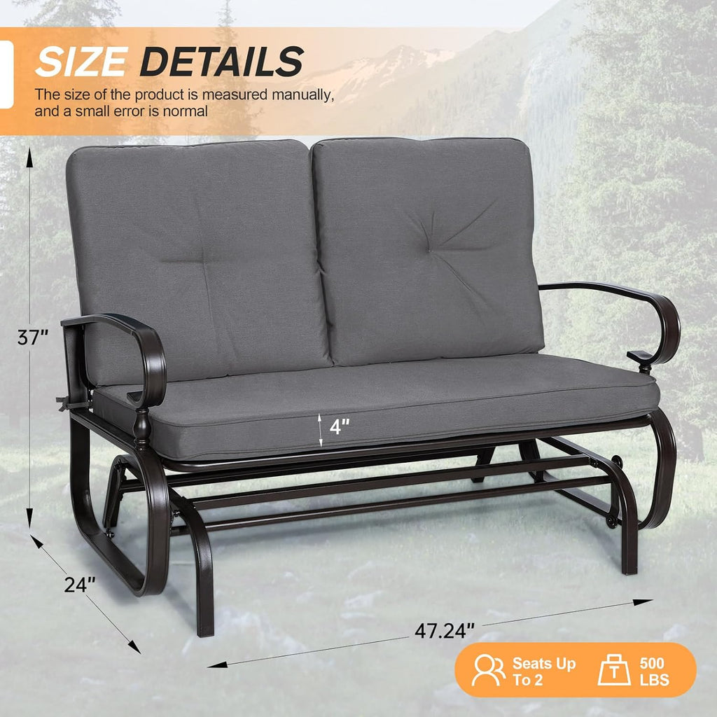 Incbruce Outdoor Textilene Glider Rocking Chair Patio Glider Bench for 2 Person, Porch Loveseat Seating Patio Steel Frame Chair Set with Cushion for Porch, Patio, Garden (Grey)