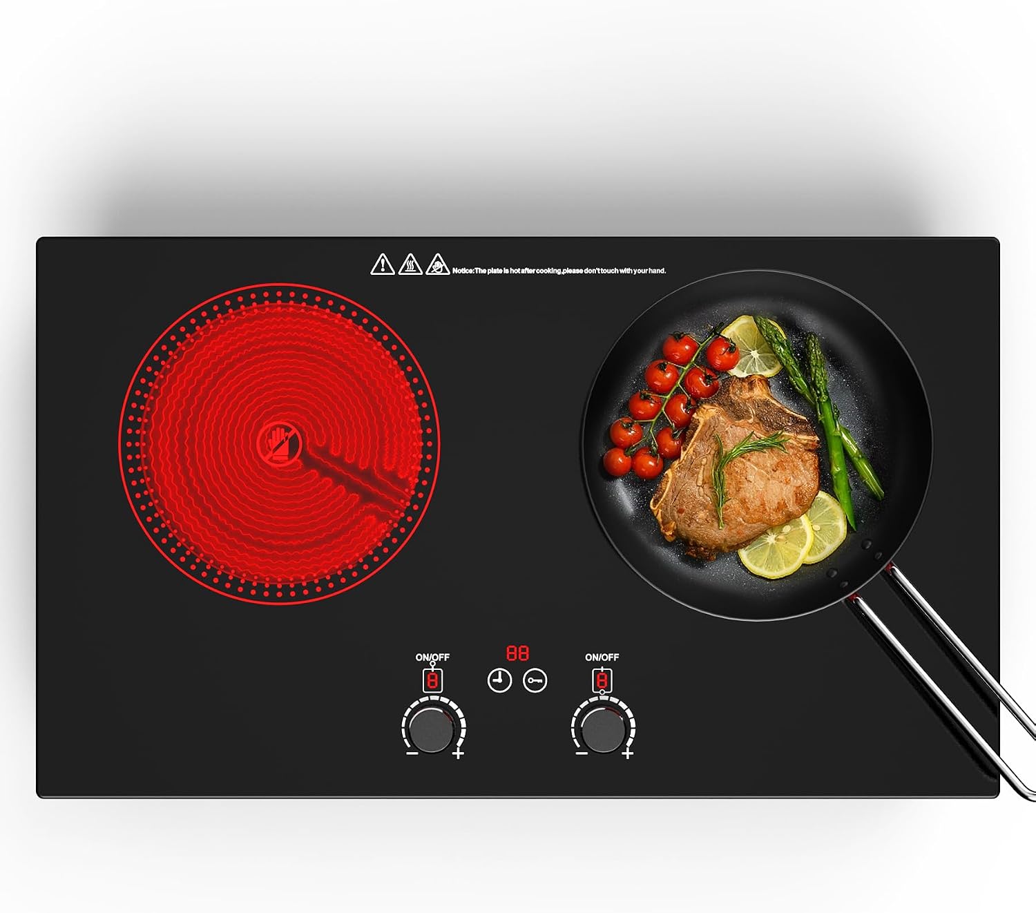 2 Burner Ceramic Cooktop, 2400W 110V Built-in or Countertop Electric Cooktop with Touch Screen & Knob Control, 10 Heat Settings, Child Lock, Timer, Overheat Protection.