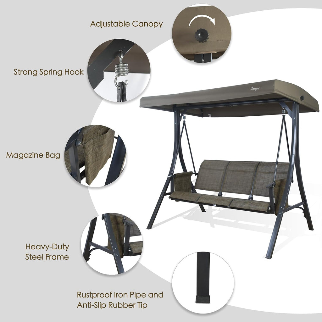 Kozyard Brenda 3-Seat Outdoor Porch Swing Glider, Patio Swing with Adjustable Canopy, Steel Frame, Breathable Textilene Seat & Back, Side Pockets (Taupe)