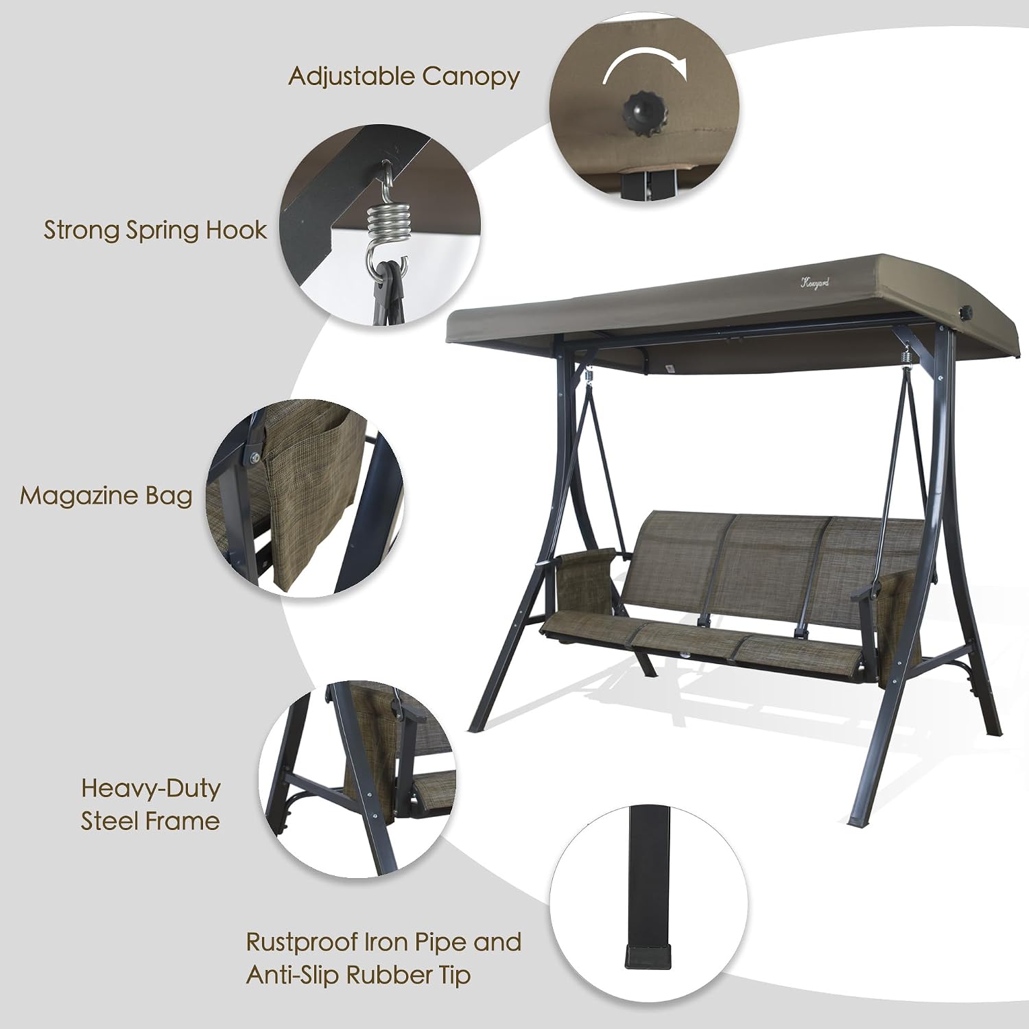 Kozyard Brenda 3-Seat Outdoor Porch Swing Glider, Patio Swing with Adjustable Canopy, Steel Frame, Breathable Textilene Seat & Back, Side Pockets (Taupe)