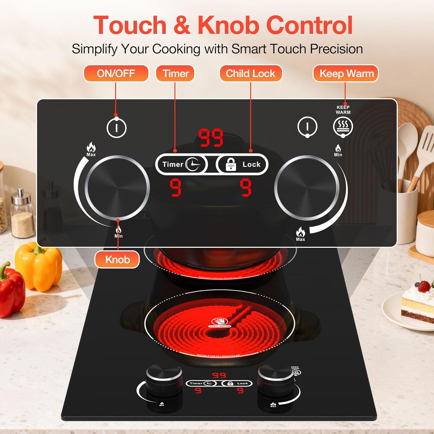 2 Burner Electric Cooktop, 12 Inch Built-in Ceramic Cooktop, 2100W Plug in Electric Stove Top with Knob Control, Keep Warm, 9 Heating Levels, Timer & Child Safety Lock, Over-Temperature Protection